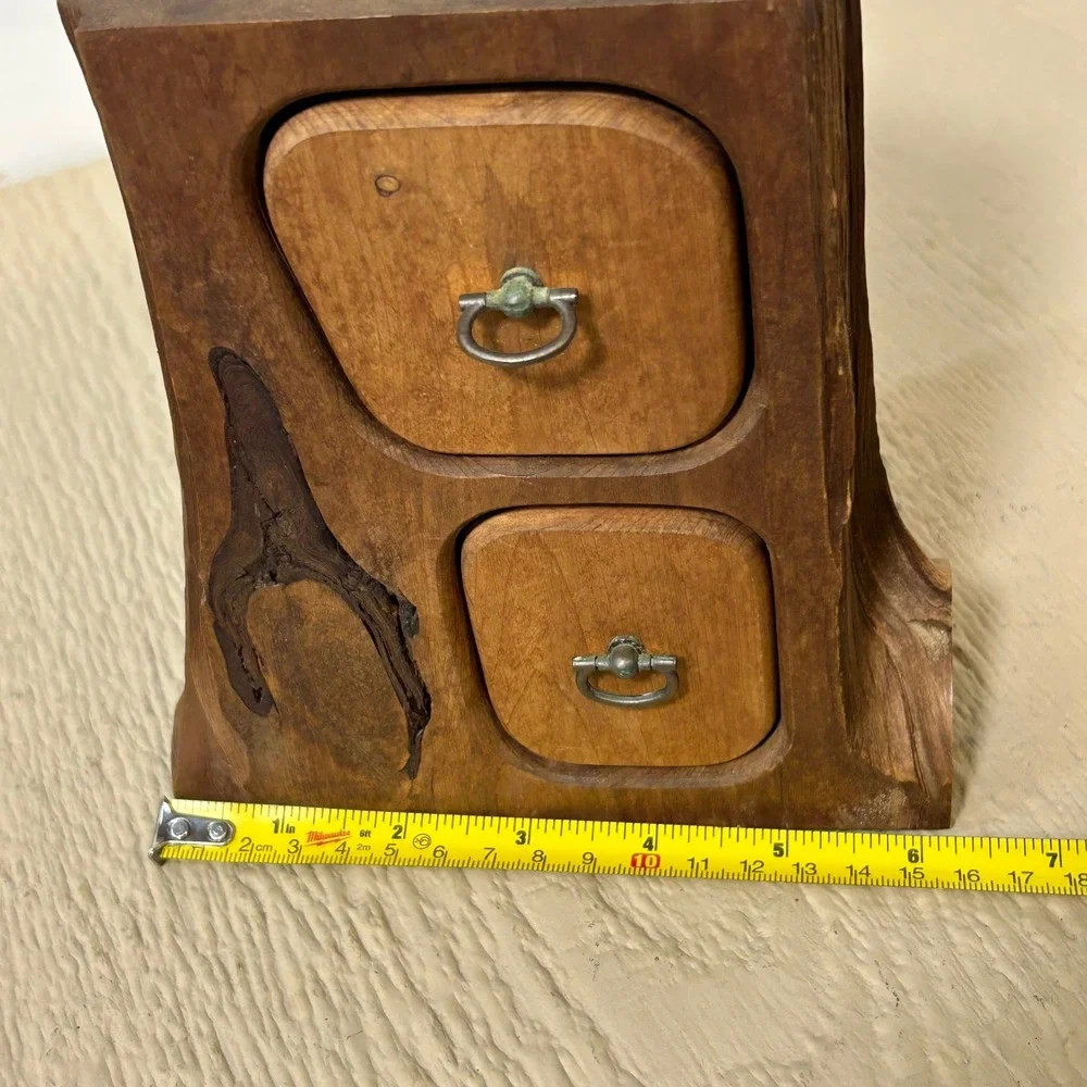 Western Post Holes Wood Jewelry Box 8in Brown Rustic Tree Stump 2 Drawer Trinket